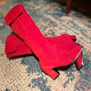 Red vintage suede mid-height boots